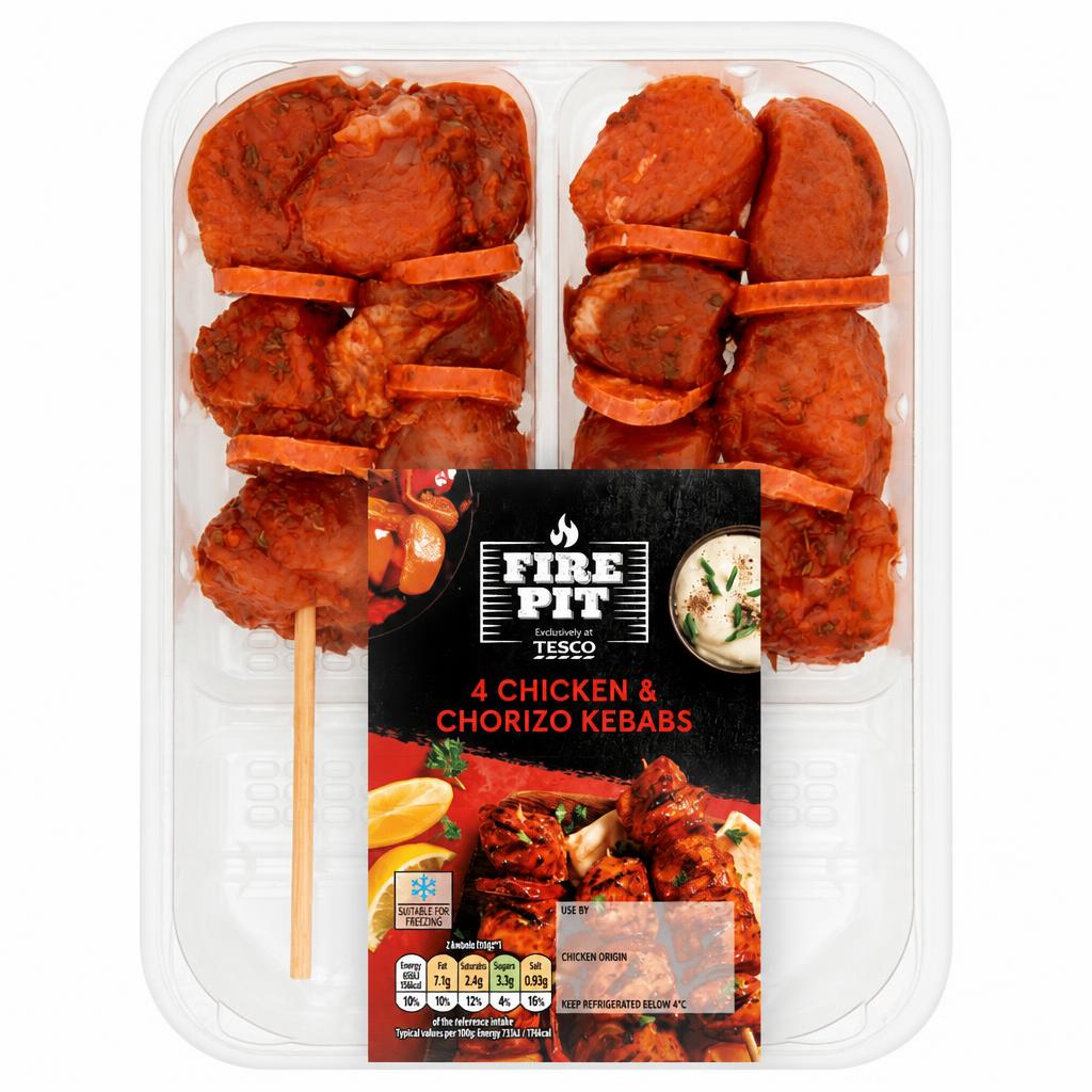 Tesco 4 Bbq Chicken & Chorizo Kebabs 272G
