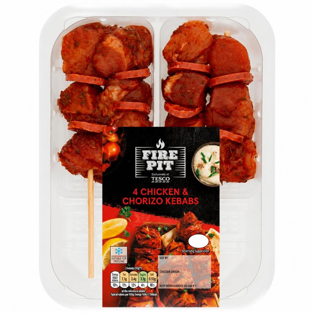 Tesco 4 Bbq Chicken & Chorizo Kebabs 272G