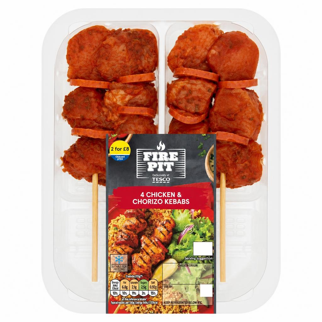 Tesco 4 Bbq Chicken & Chorizo Kebabs 272G