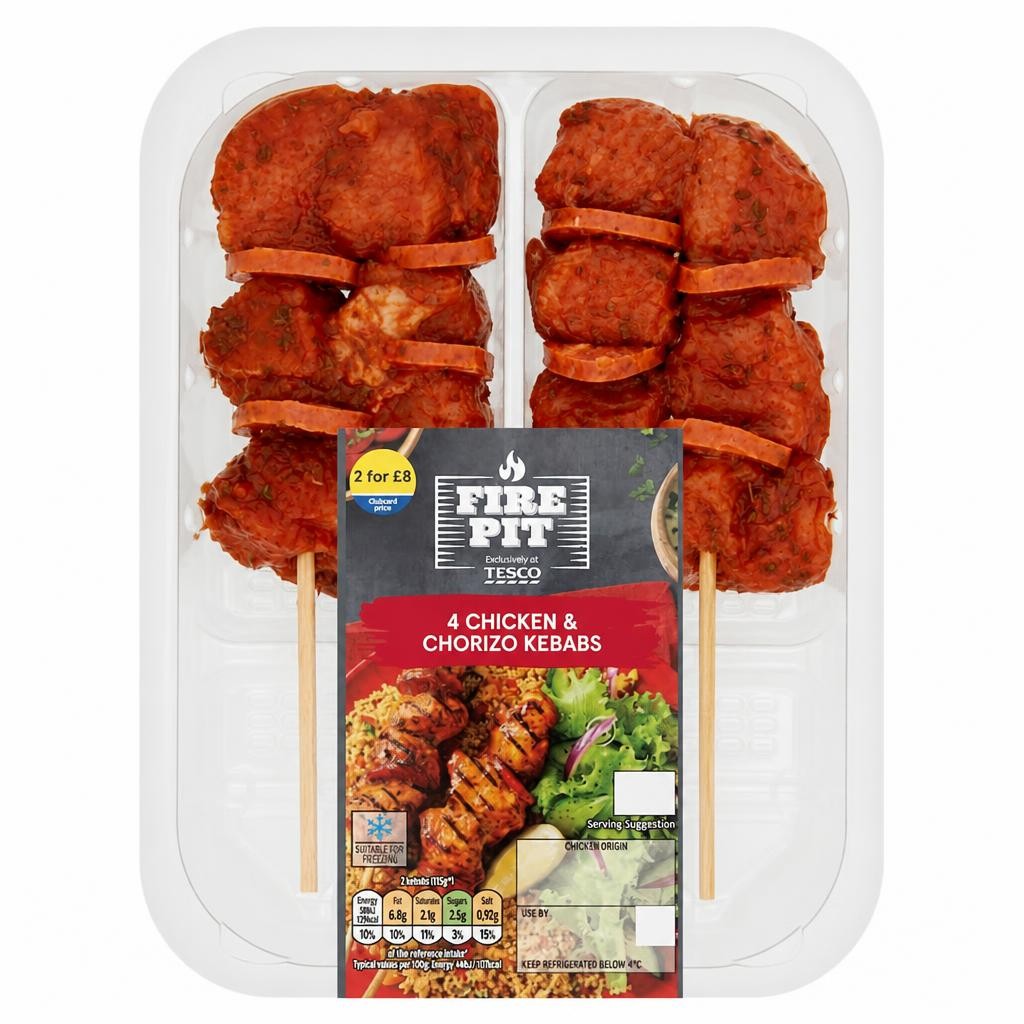 Tesco 4 Bbq Chicken & Chorizo Kebabs 272G