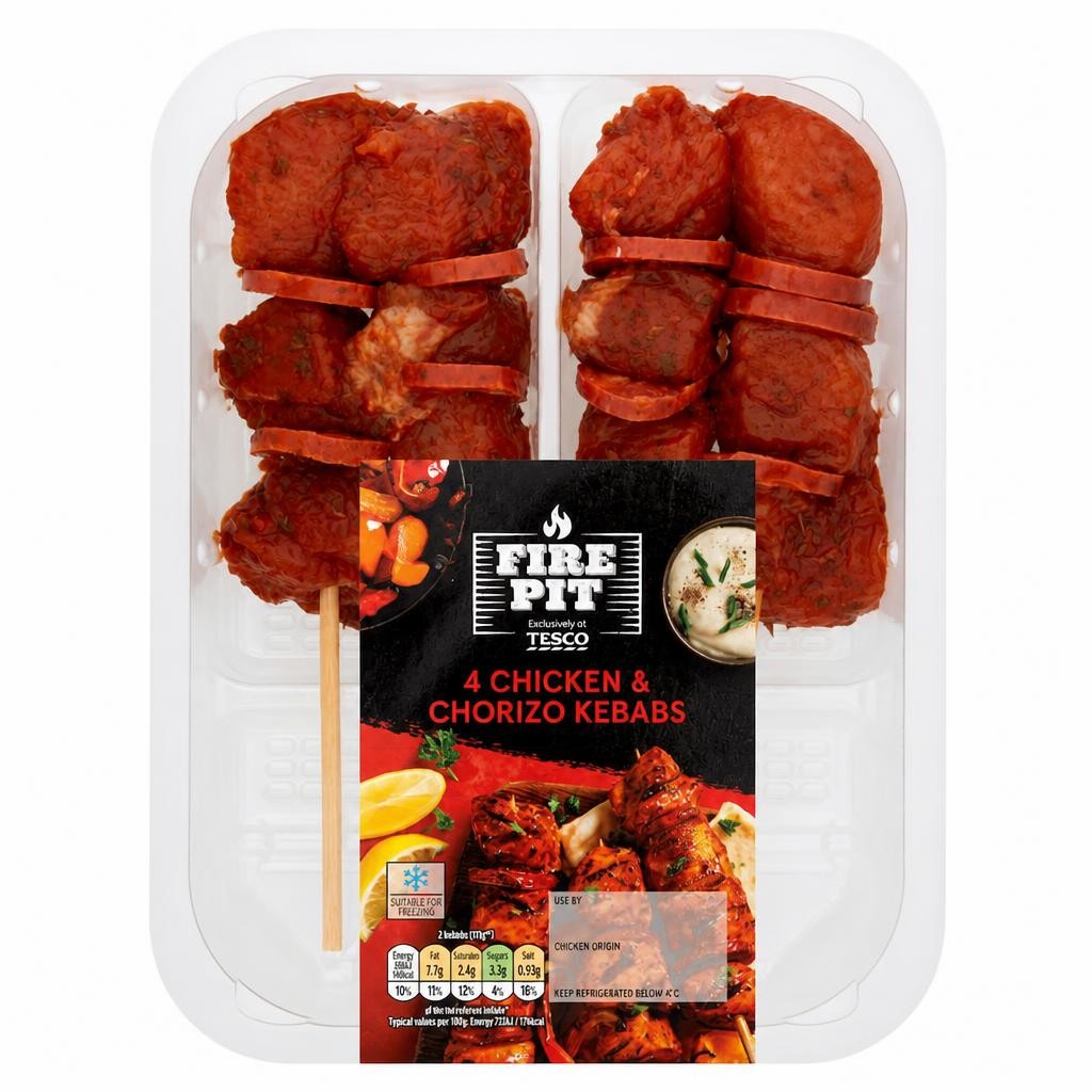 Tesco 4 Bbq Chicken & Chorizo Kebabs 272G