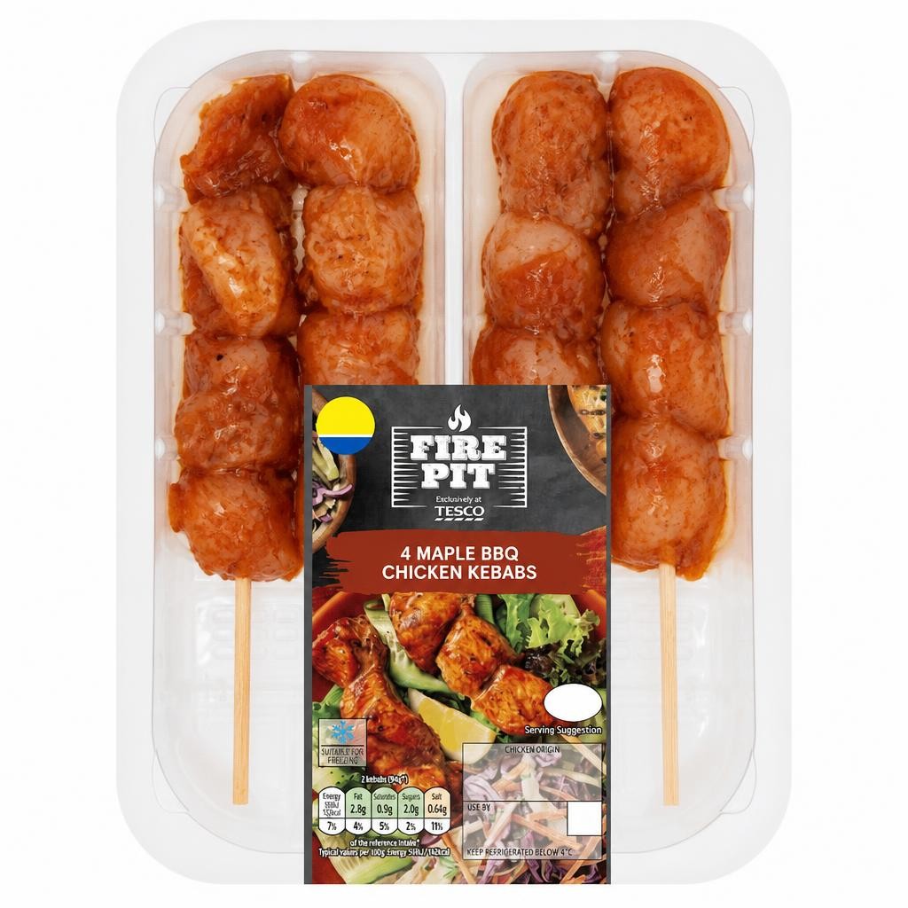 Tesco Fire Pit 4 Maple Bbq Chicken Kebabs 260G