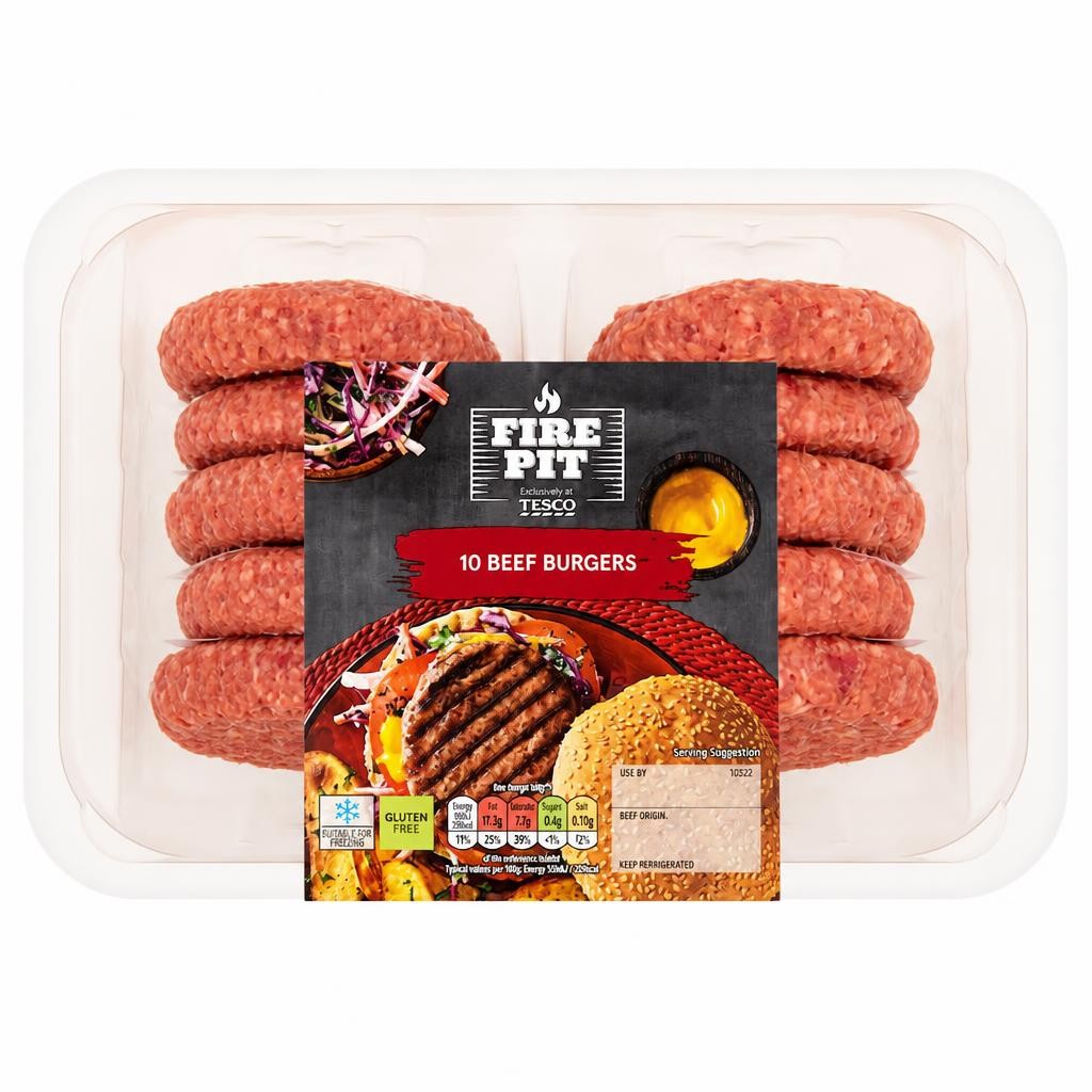 Tesco Fire Pit 10 Beef Burgers 920g NEW