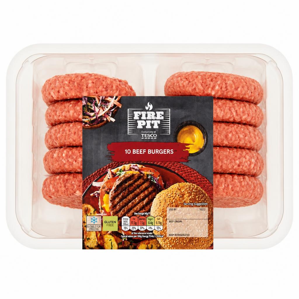 Tesco Fire Pit 10 Beef Burgers 920g NEW