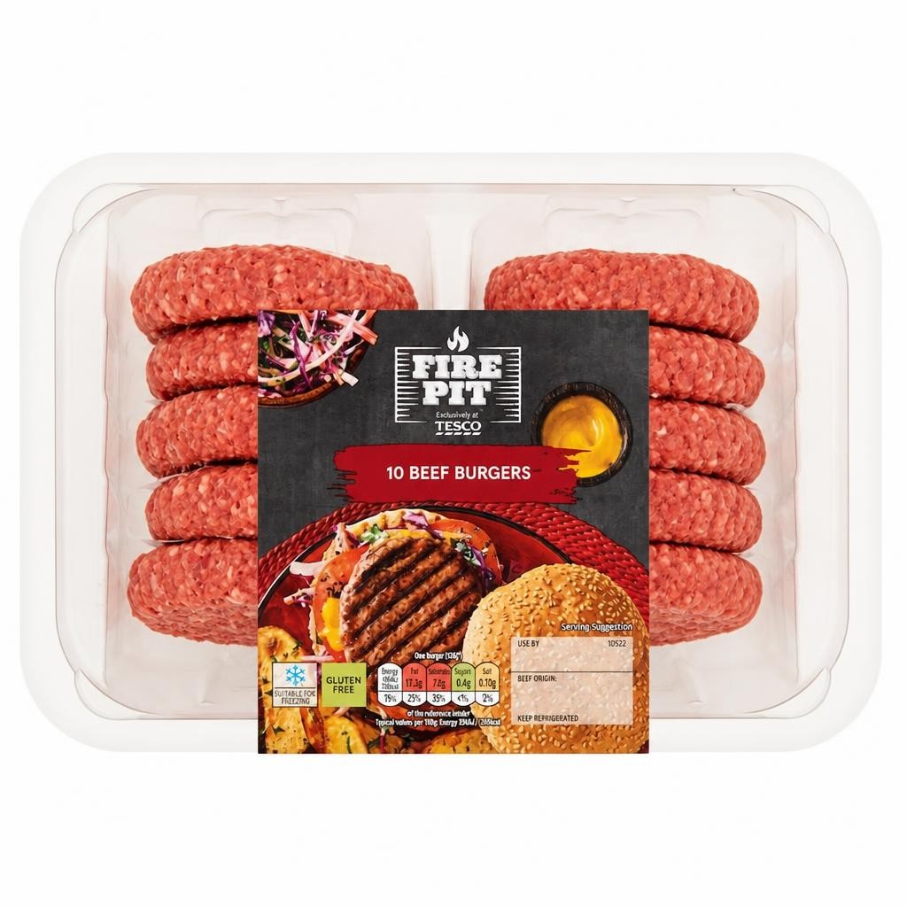 Tesco Fire Pit 10 Beef Burgers 920g NEW