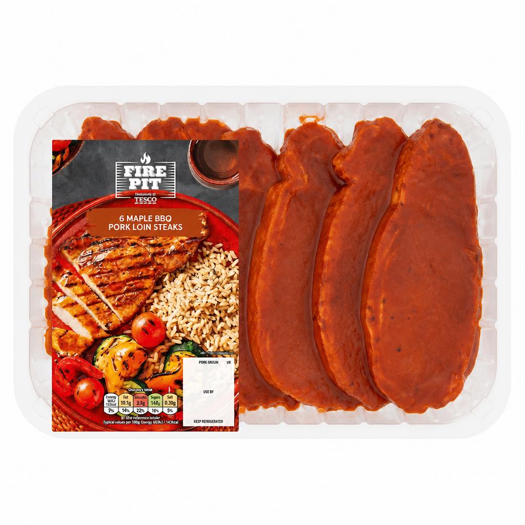 Tesco Fire Pit 6 Bbq Maple Pork Loin Steaks 600G