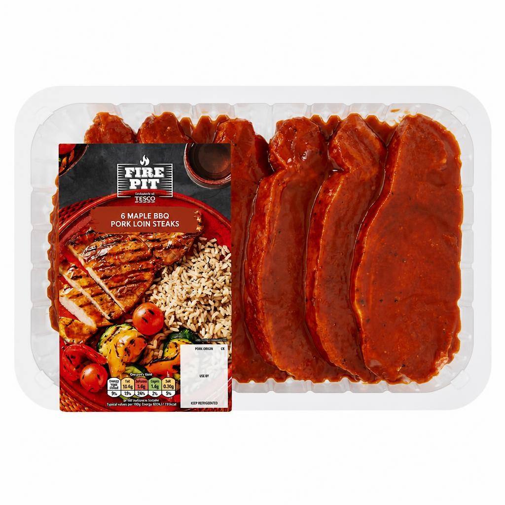 Tesco Fire Pit 6 Bbq Maple Pork Loin Steaks 600G