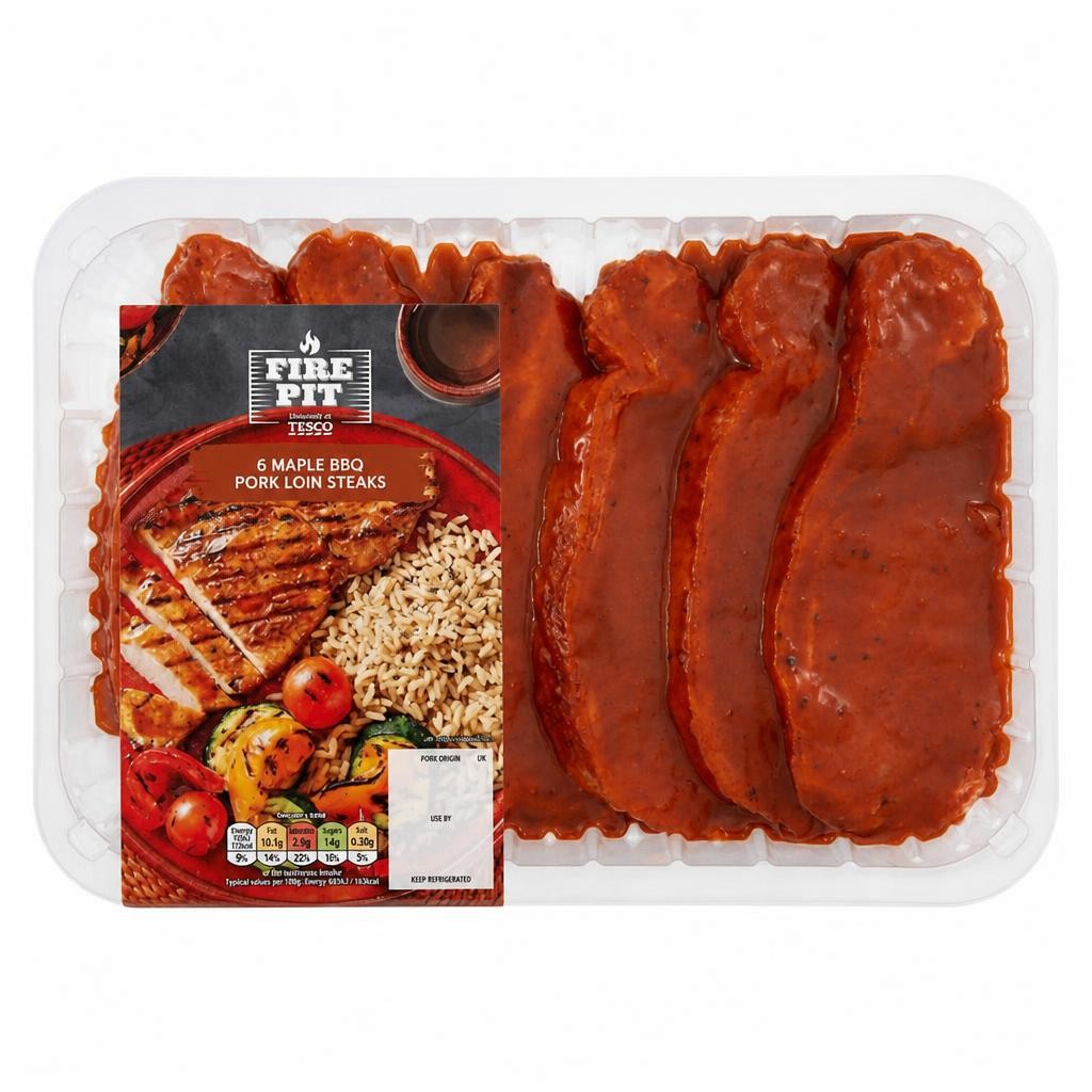Tesco Fire Pit 6 Bbq Maple Pork Loin Steaks 600G