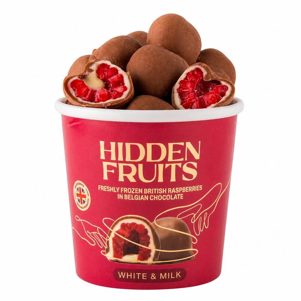 Hidden Fruits 150g Freshly Frozen British Raspberries in Belgian White & Milk Chocolate