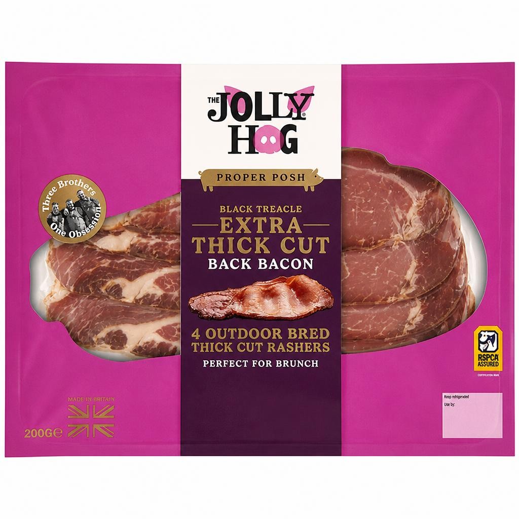 The Jolly Hog 4 x British Extra Thick Cut Black Treacle Back Bacon Rashers 200g
