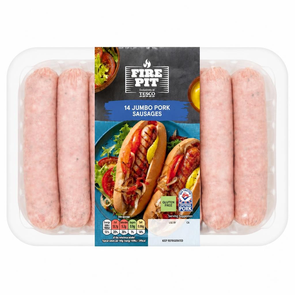 Tesco Fire Pit 14 Jumbo Pork Sausages 1Kg