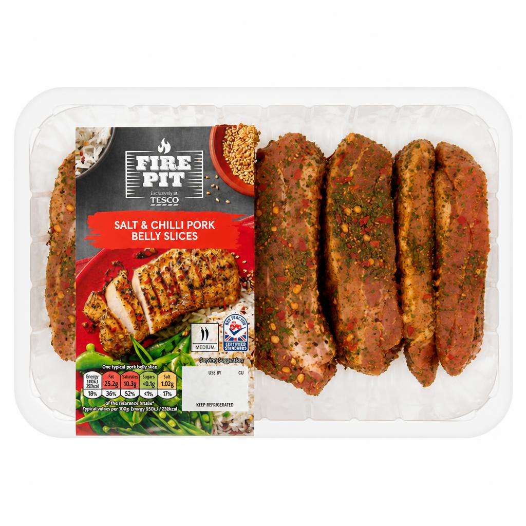 Tesco Fire Pit Salt & Chilli Pork Belly Slices 500G