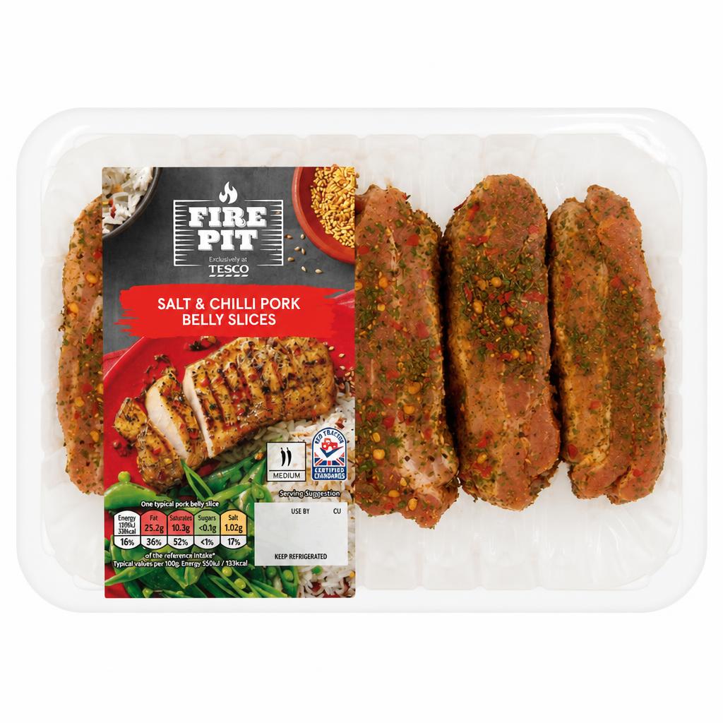 Tesco Fire Pit Salt & Chilli Pork Belly Slices 500G