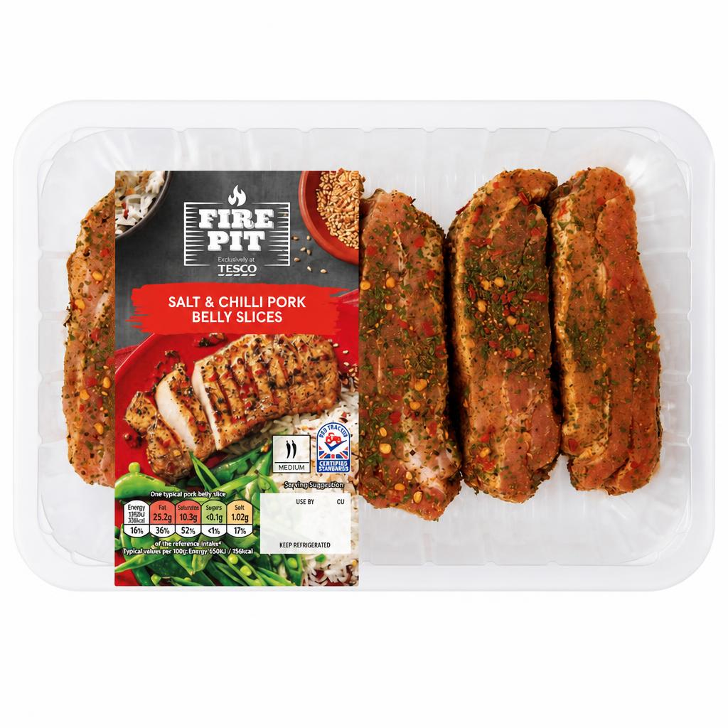 Tesco Fire Pit Salt & Chilli Pork Belly Slices 500G
