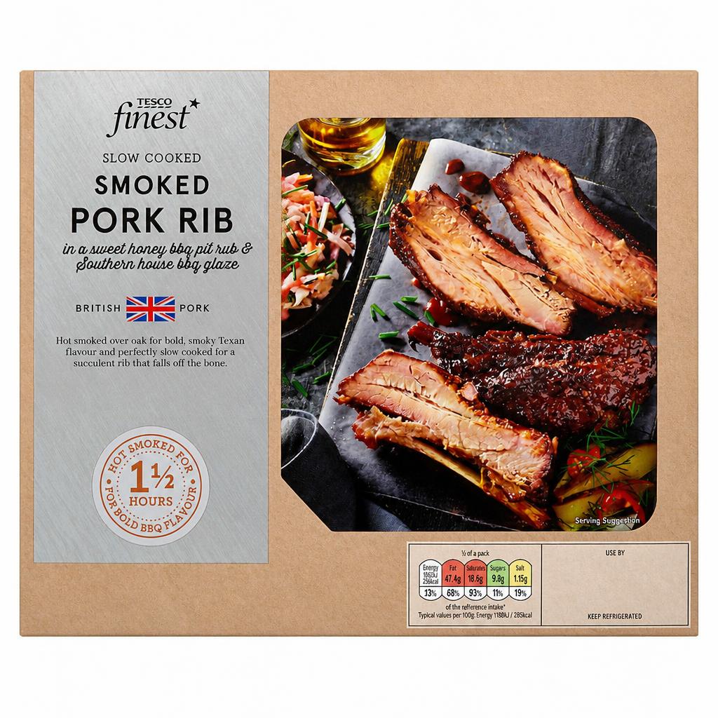 Tesco Finest Slow Cooked Smoked Pork Rib in a Sweet Honey BBQ Pit Rub & Southern House BBQ Glaze 618G