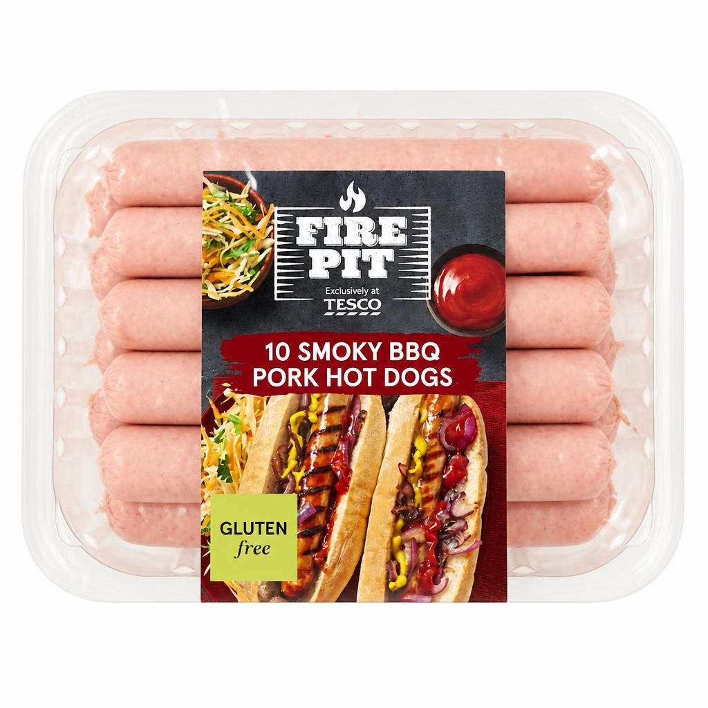 Tesco Fire Pit 10 Smoky BBQ Pork hot dogs 600g