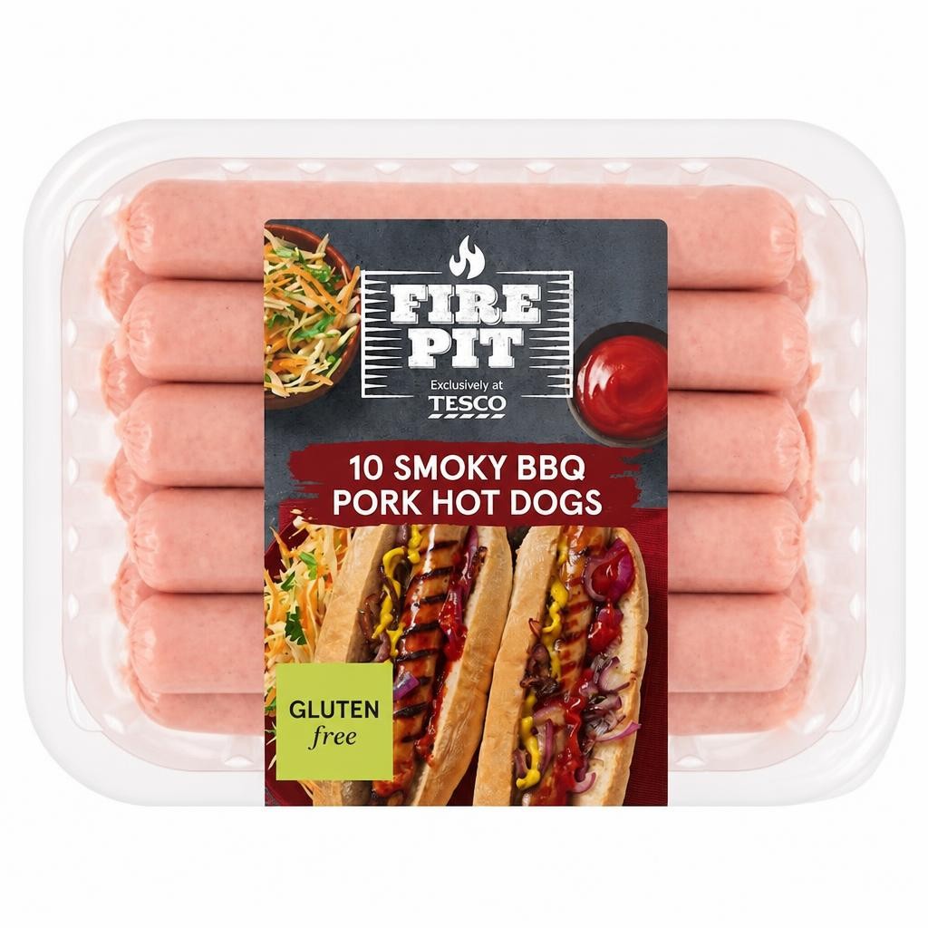 Tesco Fire Pit 10 Smoky BBQ Pork hot dogs 600g