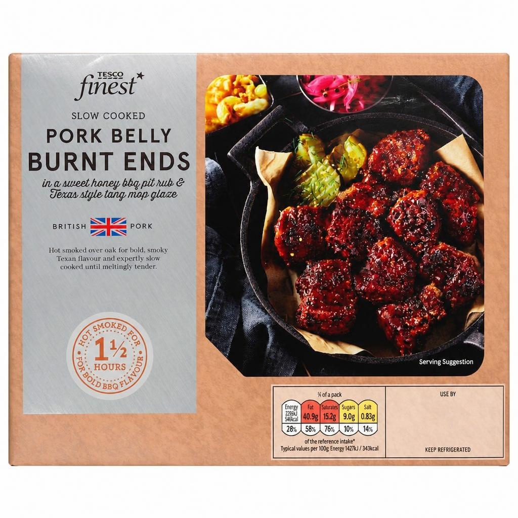 Tesco Finest Slow Cooked Pork Belly Burnt Ends in a Sweet Honey BBQ Pit Rub & Texas Style Tang Mop Glaze 410G