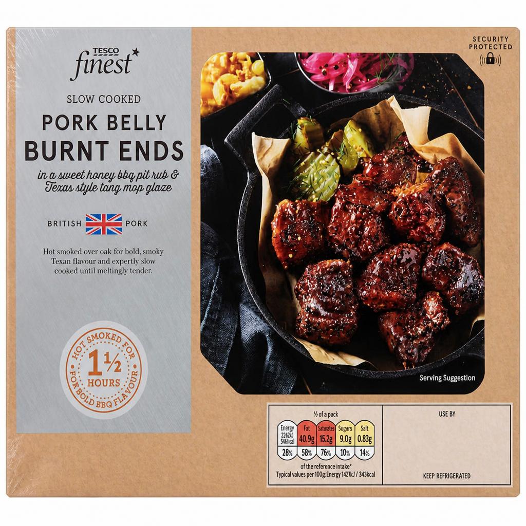 Tesco Finest Slow Cooked Pork Belly Burnt Ends in a Sweet Honey BBQ Pit Rub & Texas Style Tang Mop Glaze 410G