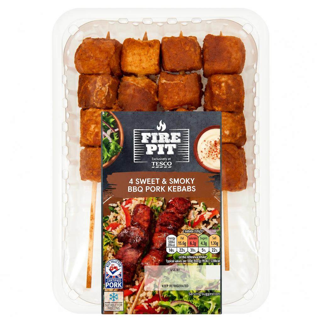 Tesco Fire Pit 4 Sweet & Smoky Pork Kebabs 340G