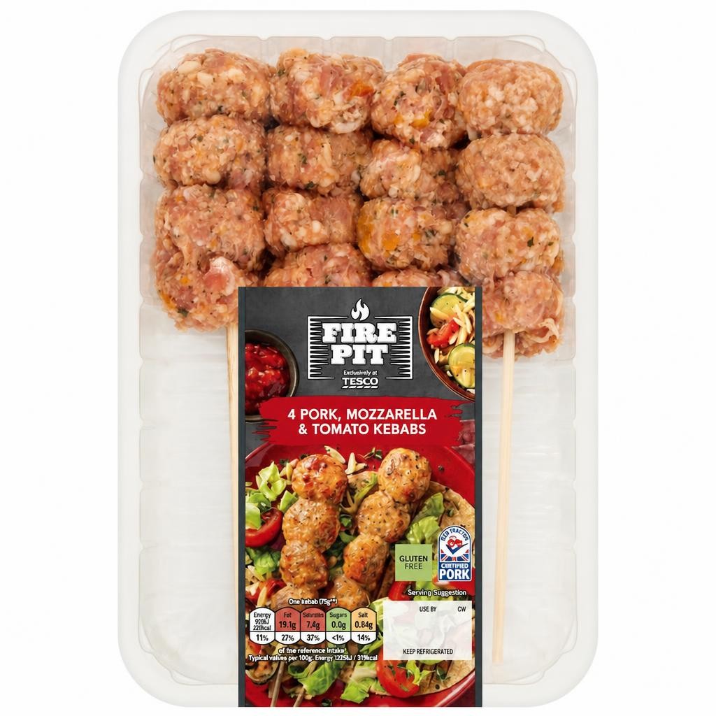 Tesco Fire Pit 4 Pork, Mozzarella & Tomato Kebabs 400G