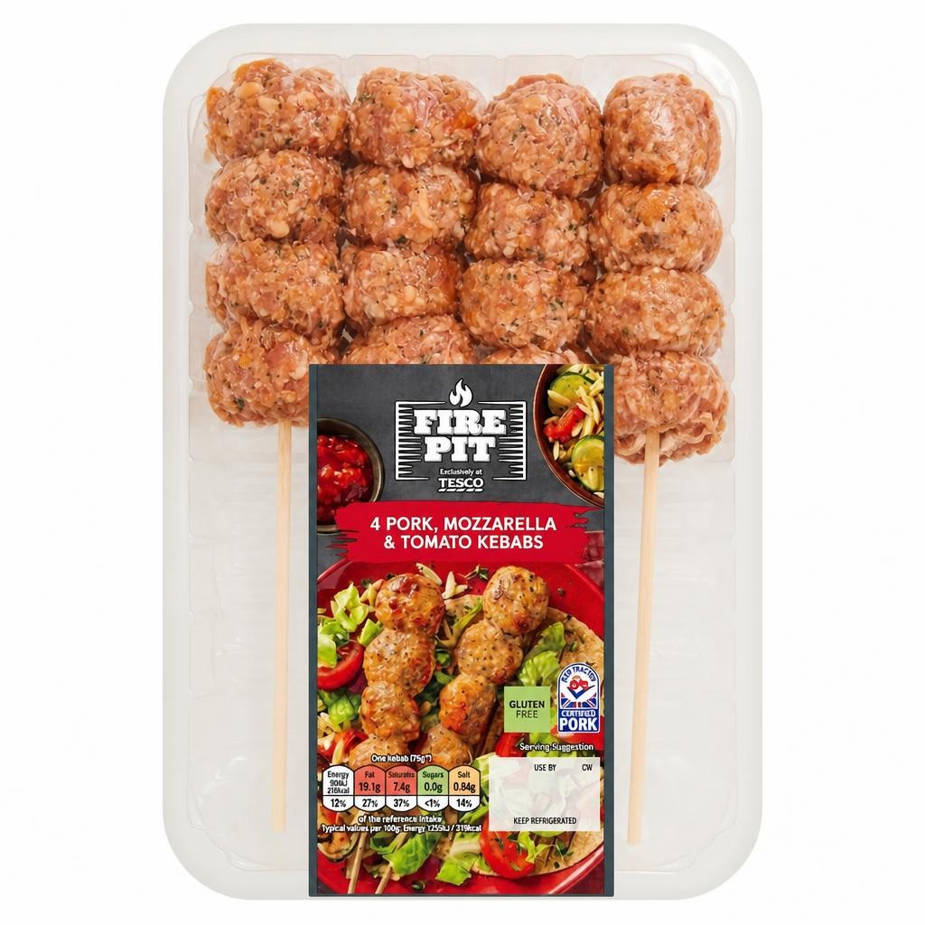 Tesco Fire Pit 4 Pork, Mozzarella & Tomato Kebabs 400G