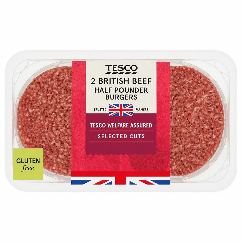Tesco 2 British beef half pounder Burger 454g