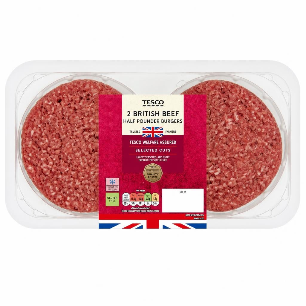 Tesco 2 British beef half pounder Burger 454g