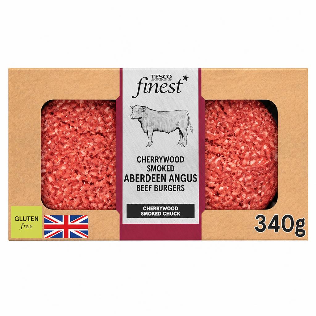 TESCO finest Cherrywood Smoked Beef Aberdeen Angus Beef Burgers 340g