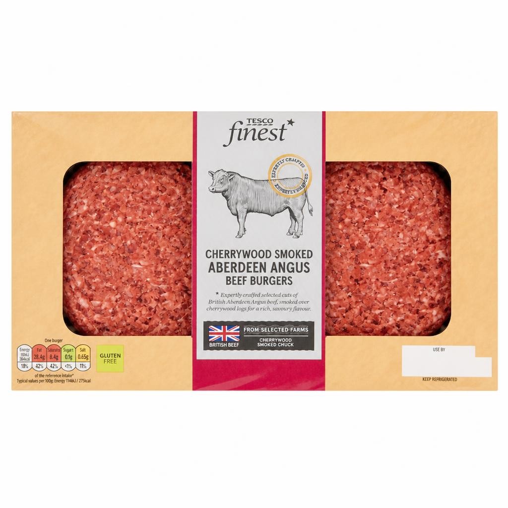 TESCO finest Cherrywood Smoked Beef Aberdeen Angus Beef Burgers 340g