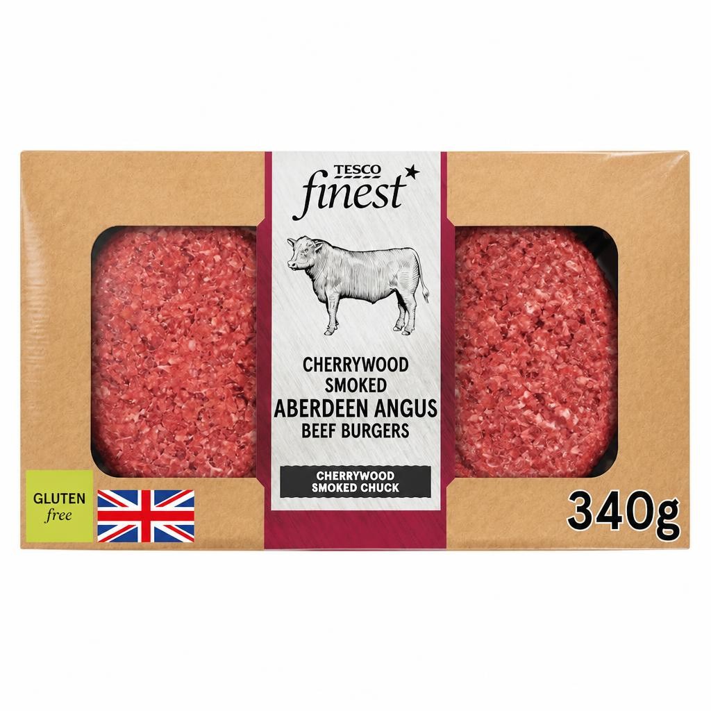 TESCO finest Cherrywood Smoked Beef Aberdeen Angus Beef Burgers 340g