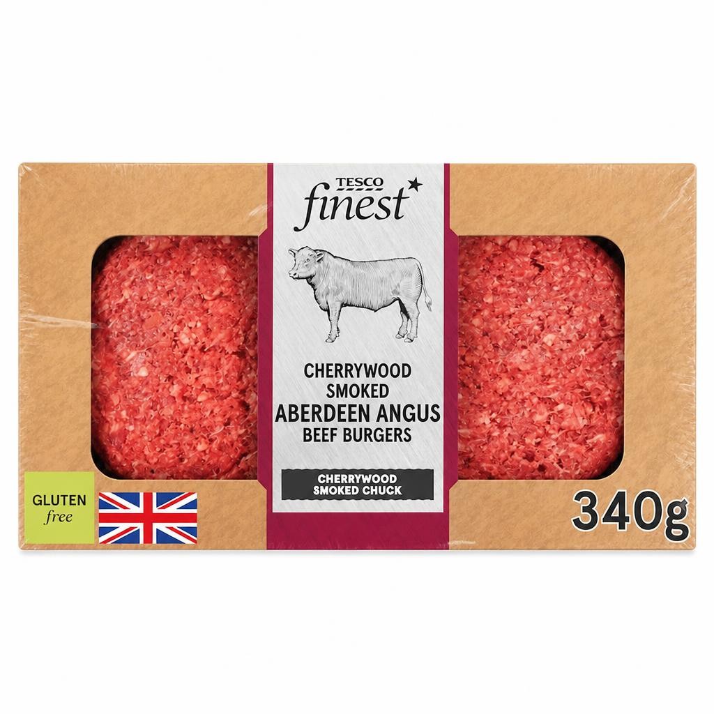 TESCO finest Cherrywood Smoked Beef Aberdeen Angus Beef Burgers 340g