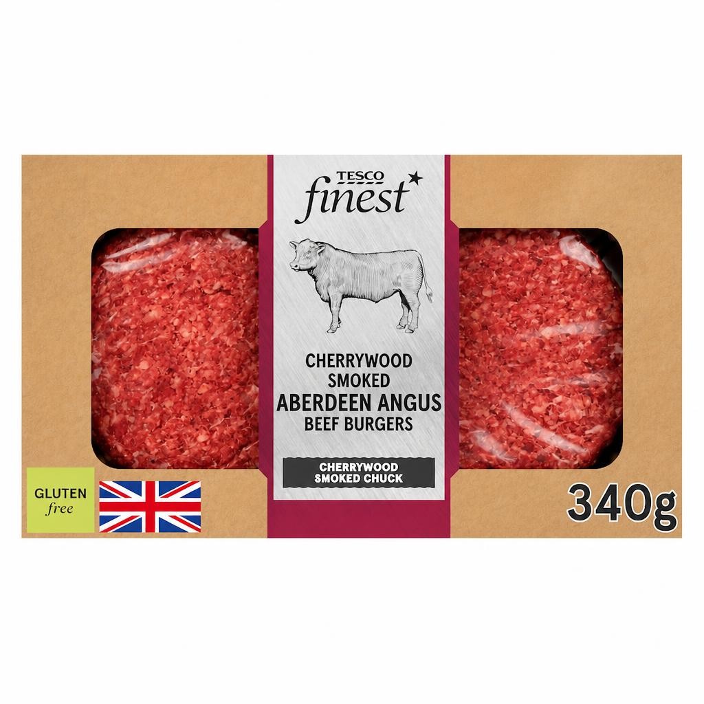 TESCO finest Cherrywood Smoked Beef Aberdeen Angus Beef Burgers 340g