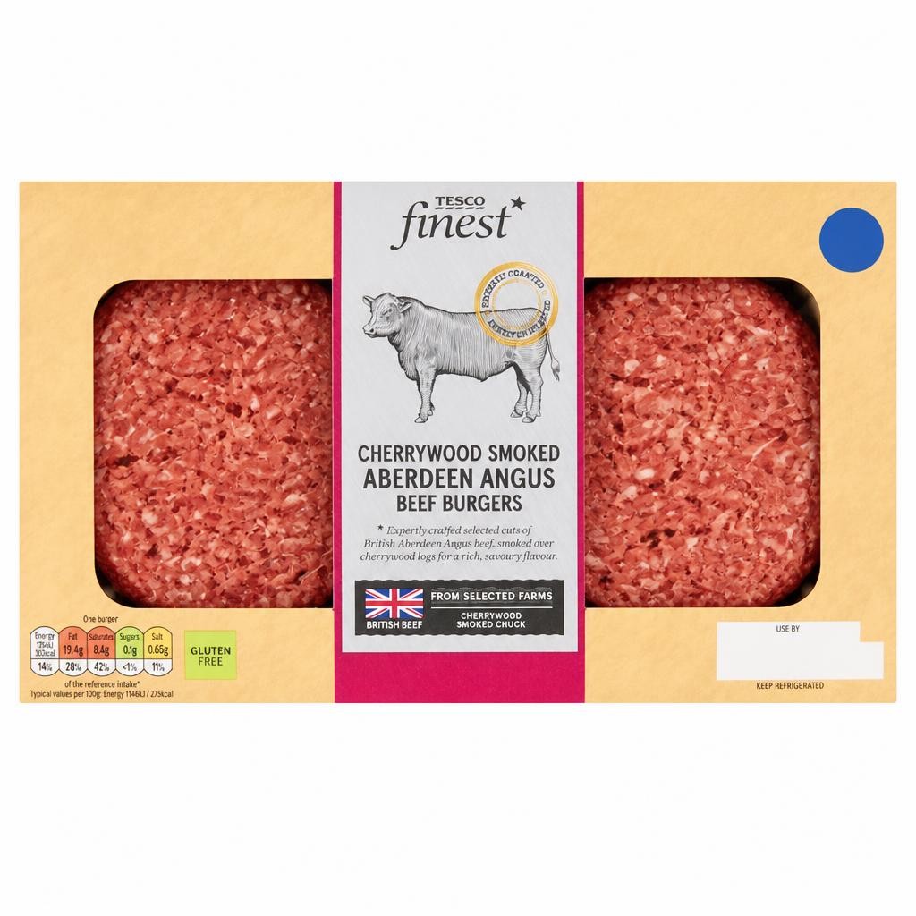 TESCO finest Cherrywood Smoked Beef Aberdeen Angus Beef Burgers 340g