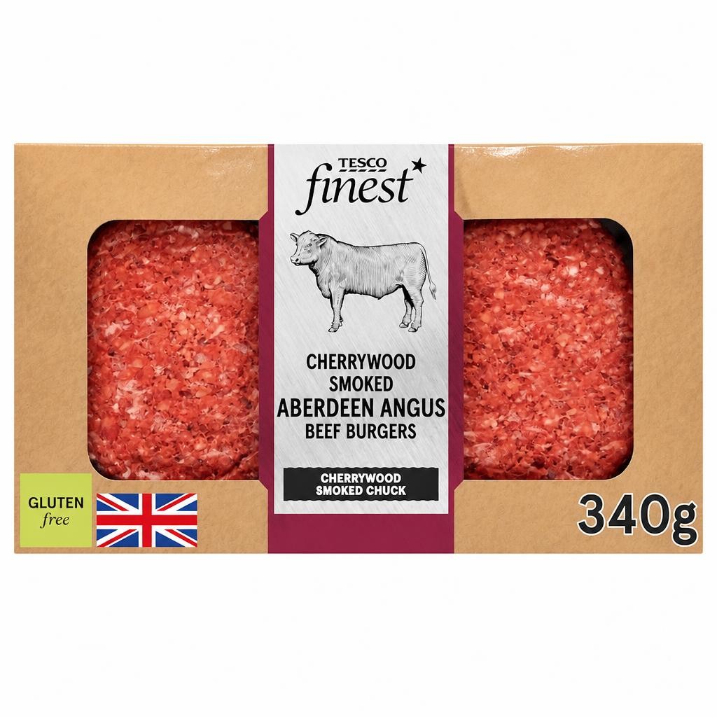 TESCO finest Cherrywood Smoked Beef Aberdeen Angus Beef Burgers 340g