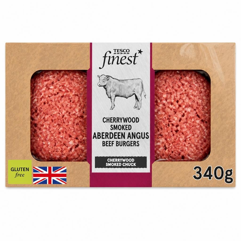 TESCO finest Cherrywood Smoked Beef Aberdeen Angus Beef Burgers 340g