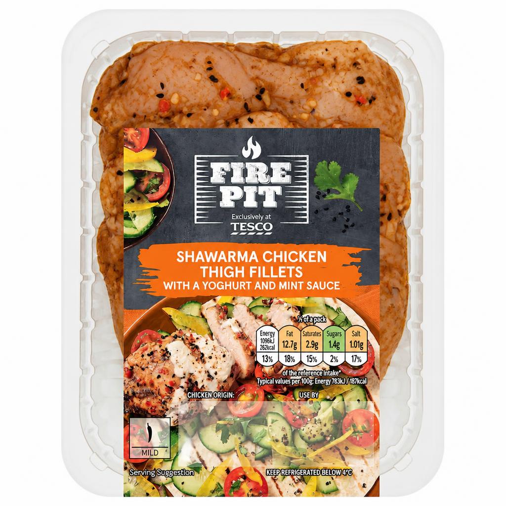 Tesco Firepit Shawarma Chicken Thigh Fillets with Yoghurt & Mint Sauce 393g