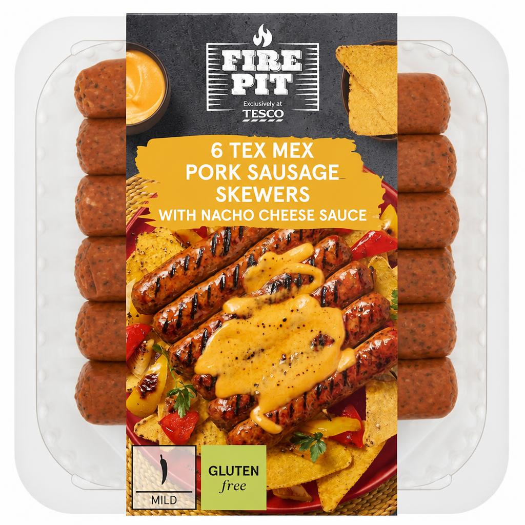 Fire Pit Tesco 6 Tex Mex Sausage Skewers with Nacho Cheese Sauce 460g