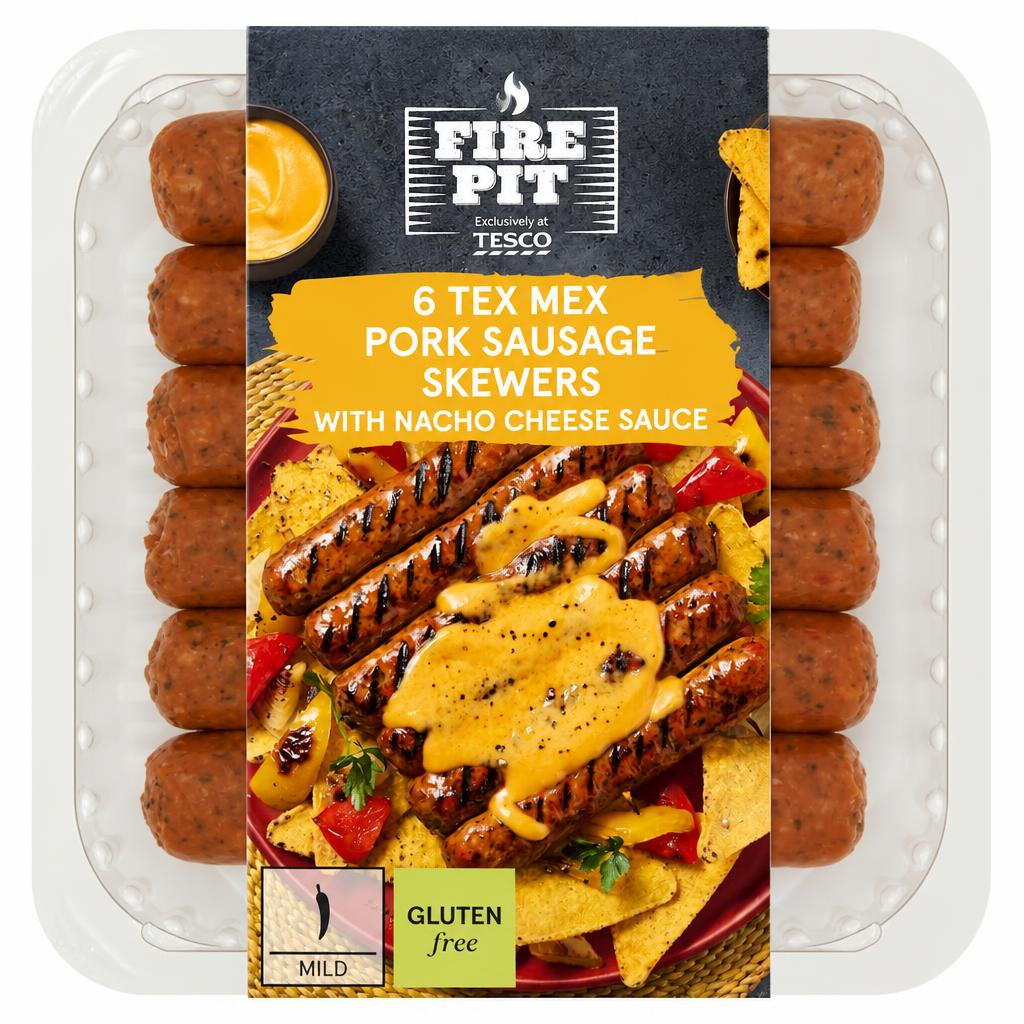 Fire Pit Tesco 6 Tex Mex Sausage Skewers with Nacho Cheese Sauce 460g