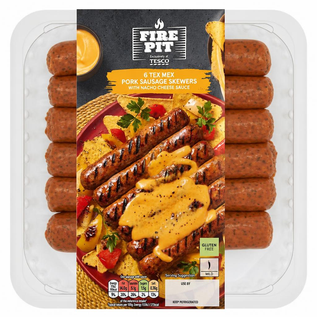 Fire Pit Tesco 6 Tex Mex Sausage Skewers with Nacho Cheese Sauce 460g