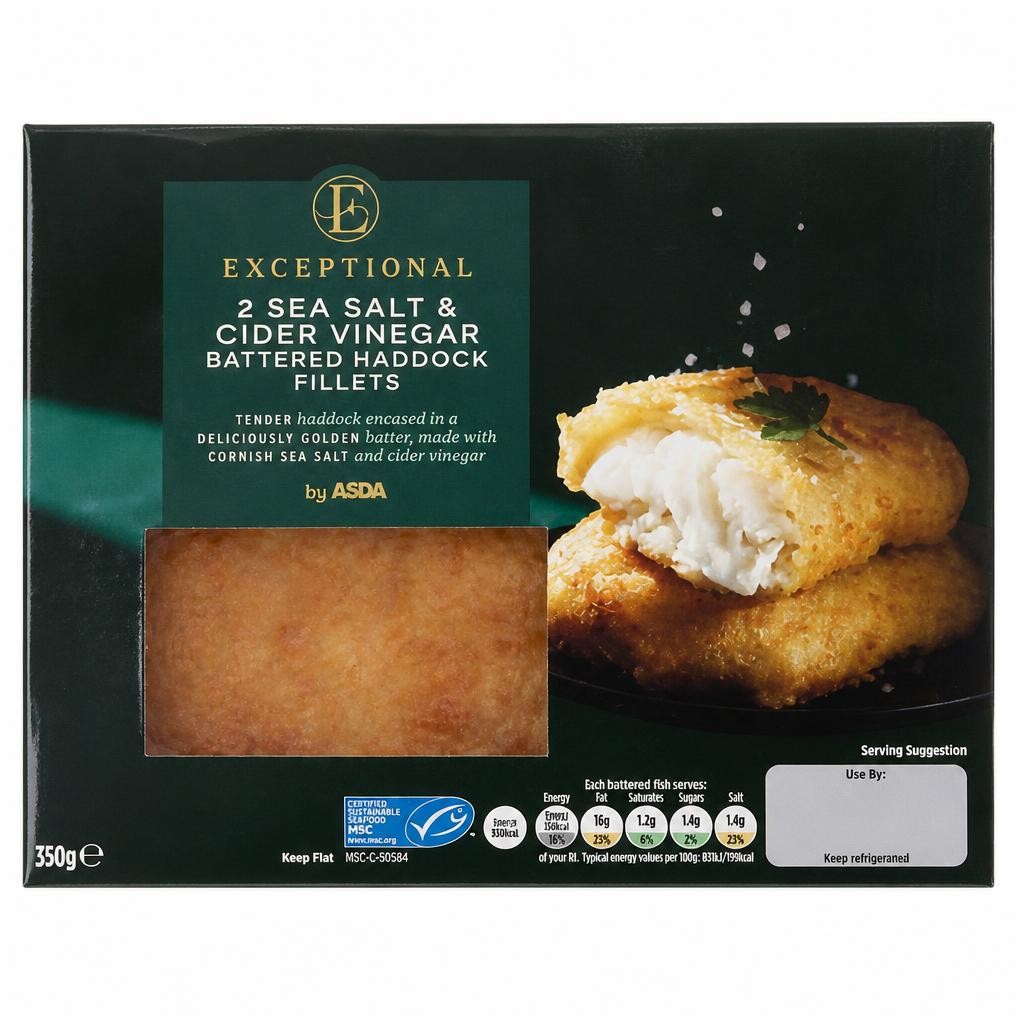Exceptional by ASDA 2 Sea Salt & Cider Vinegar Battered Haddock Fillets 350g