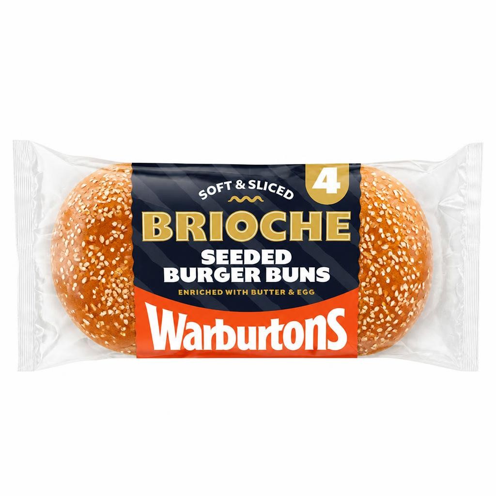 Warburtons 4 Soft and Sliced Seeded Brioche Burger Buns with Butter and Eggs