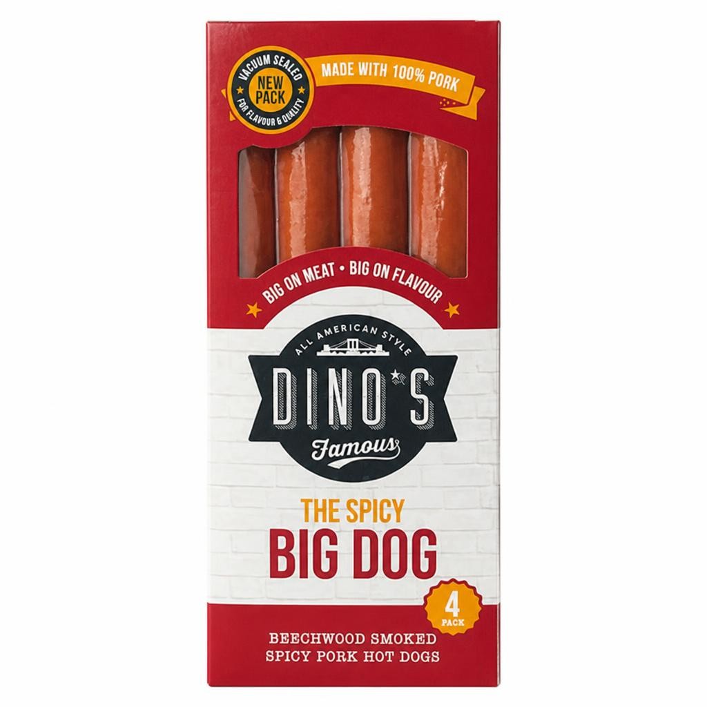 Dino's Famous 4 x 90g Beechwood Smoked Spicy Pork Hot Dogs