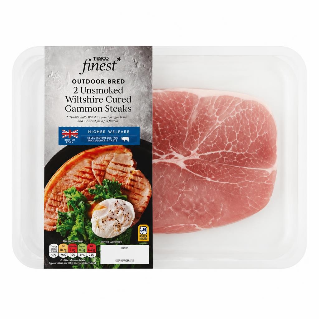 Tesco Finest Outdoor Bred 2 Unsmoked Wiltshire Cured Gammon Steaks 400g