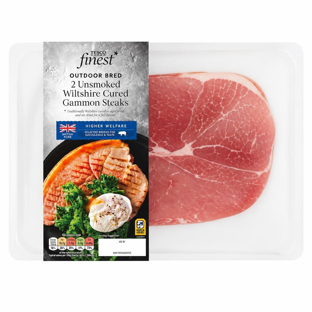 Tesco Finest Outdoor Bred 2 Unsmoked Wiltshire Cured Gammon Steaks 400g