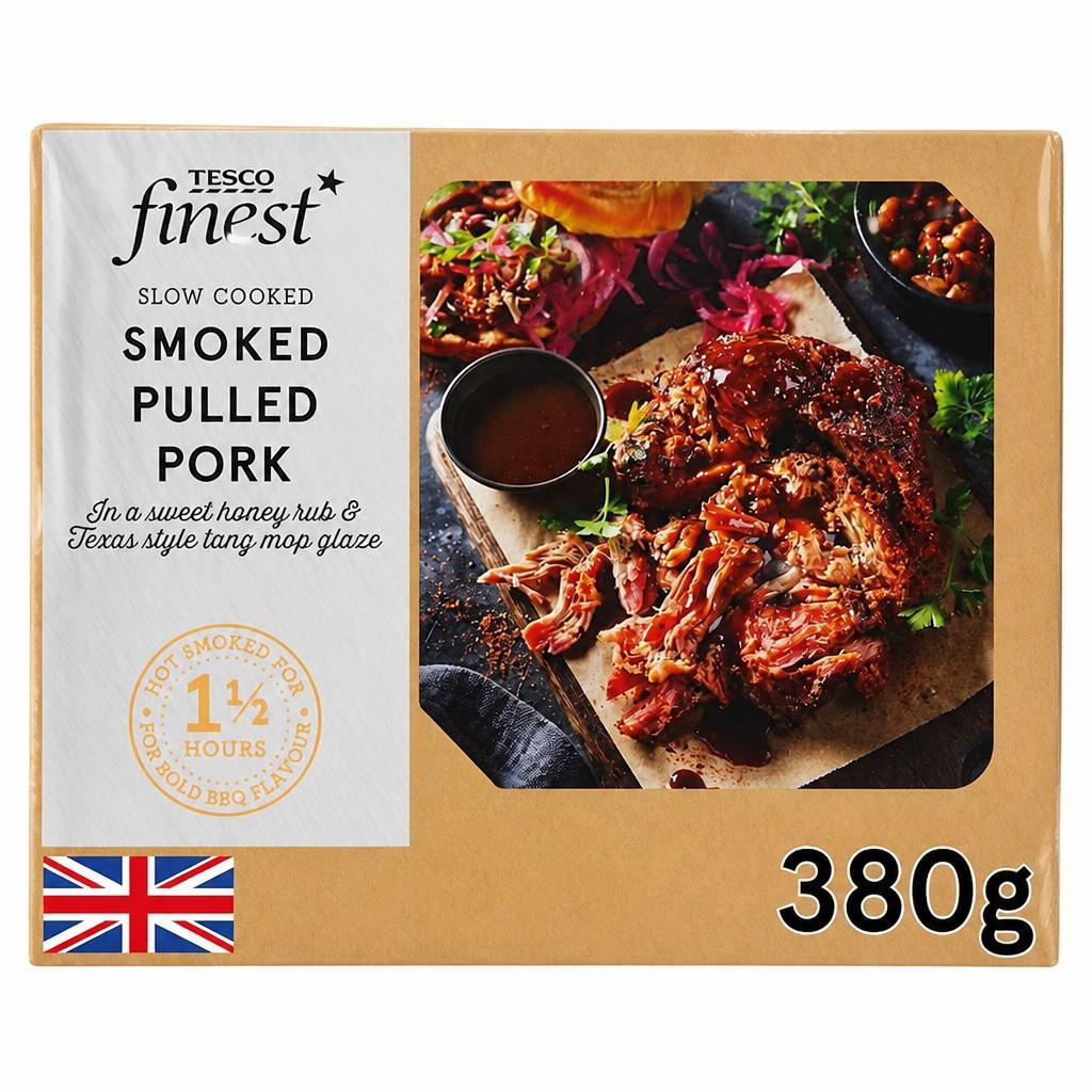 Tesco Finest Slow Cooked Smoked Pulled Pork in a Sweet Honey Rub & Texas Style Tang Mop Glaze 380G