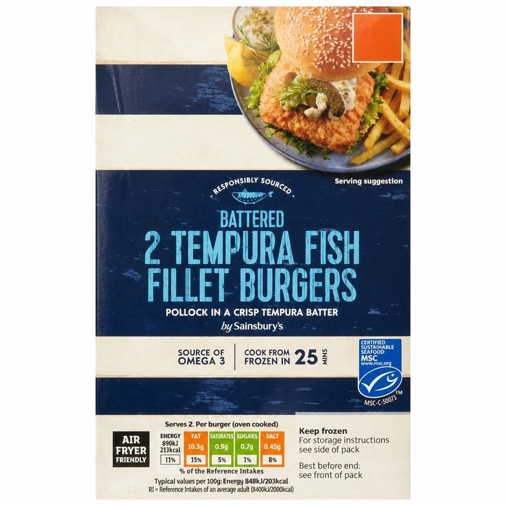Sainsbury's 2 x Battered Tempura Fish Fillet Burgers 227g