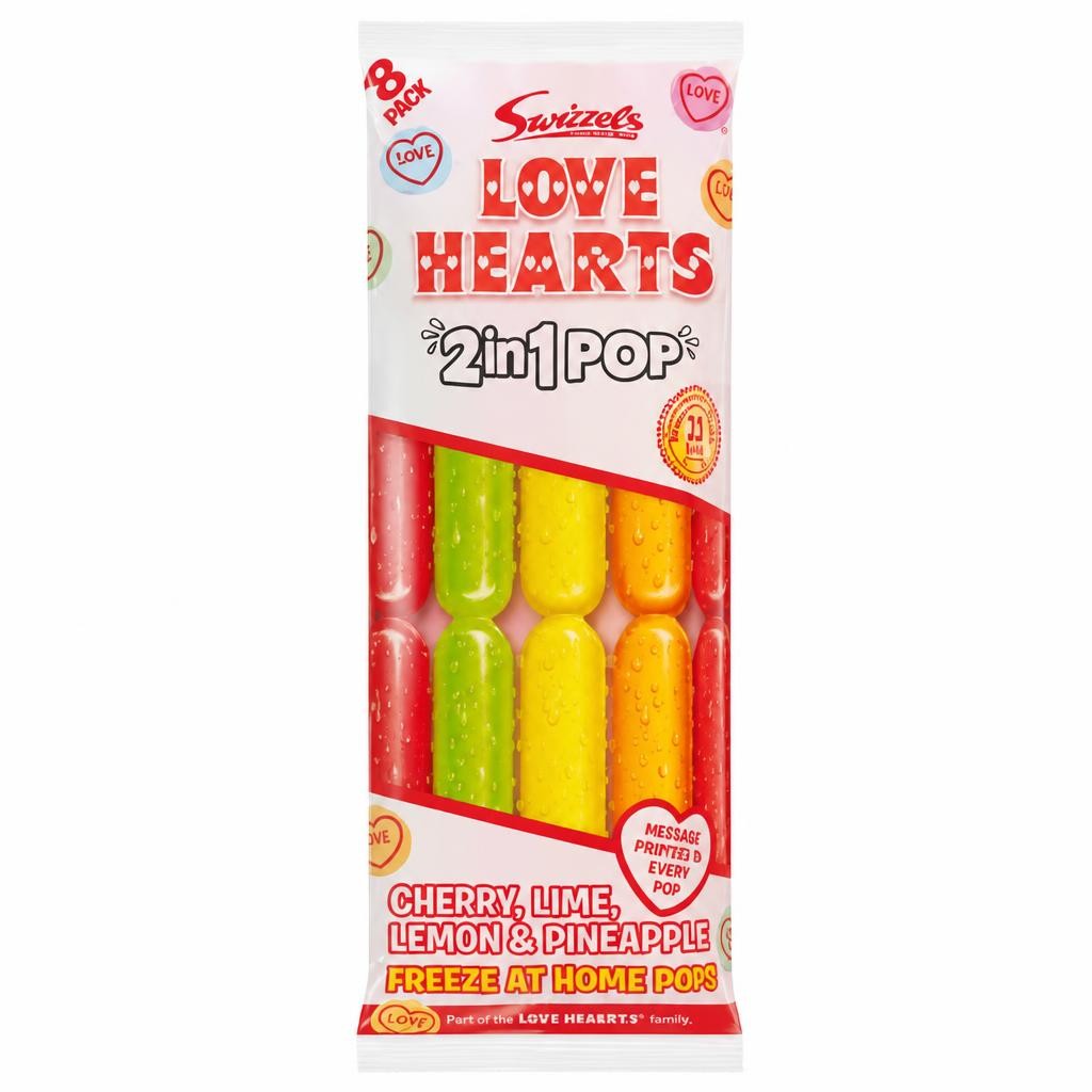 Swizzels Love Hearts 2 in 1 Pop Cherry, Lime, Lemon & Pineapple 8 x 75ml (600ml)