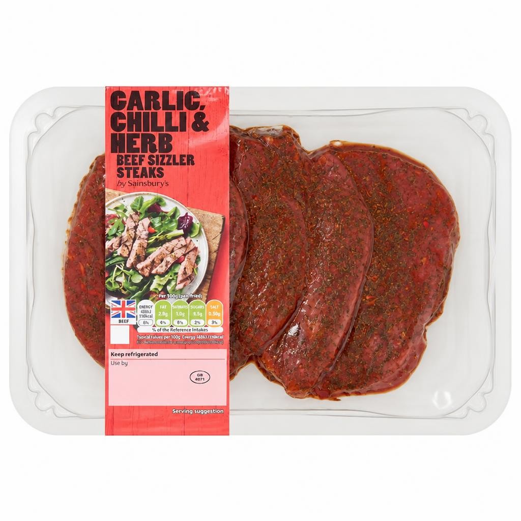 Sainsbury's 330g Garlic, Chilli & Herb Beef Sizzler Steaks