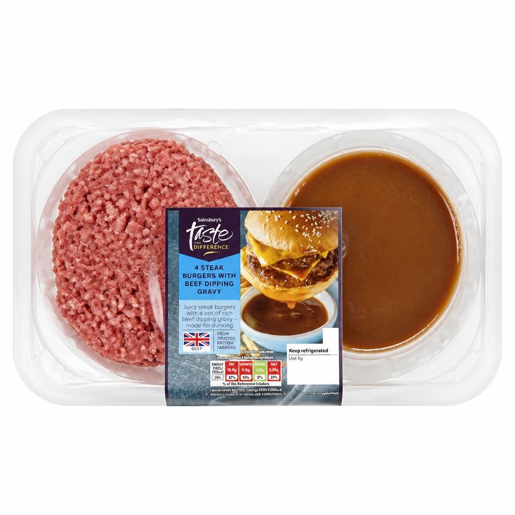 Sainsbury's 4 x Beef Dipping Gravy Steak Burgers, Taste the Difference 520g